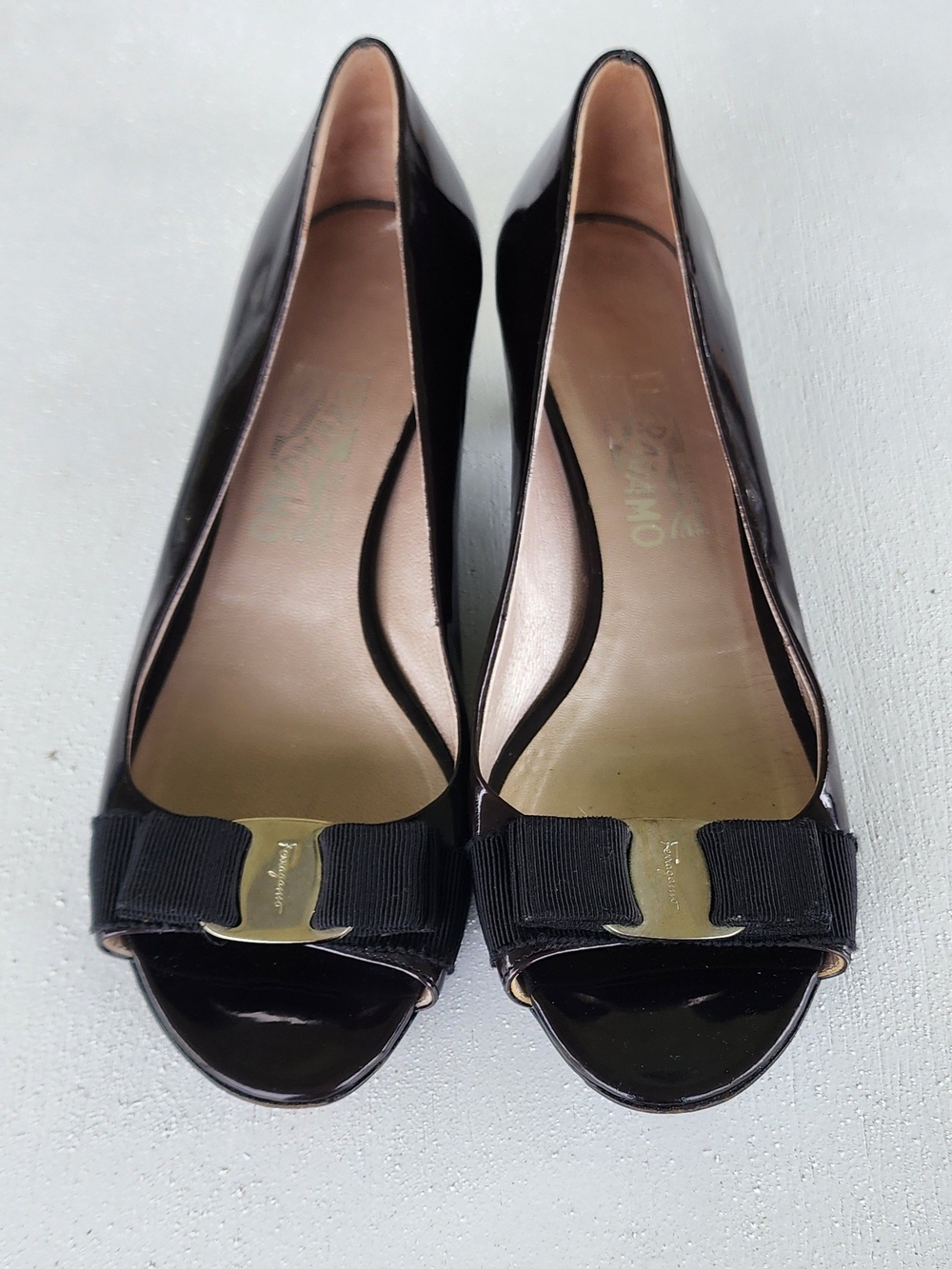 Salvatore Ferragamo Black Patent Vara Peep-Toe Flats